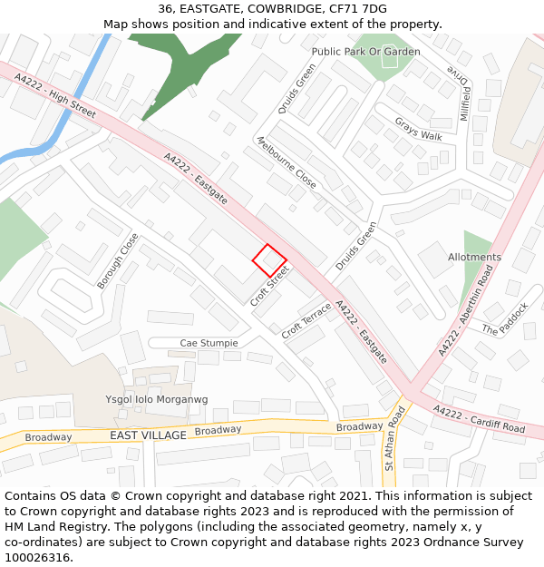 36, EASTGATE, COWBRIDGE, CF71 7DG: Location map and indicative extent of plot