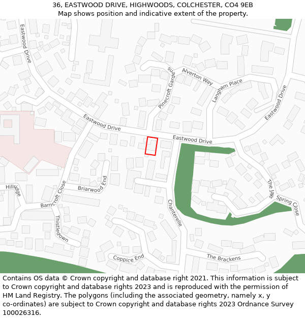 36, EASTWOOD DRIVE, HIGHWOODS, COLCHESTER, CO4 9EB: Location map and indicative extent of plot