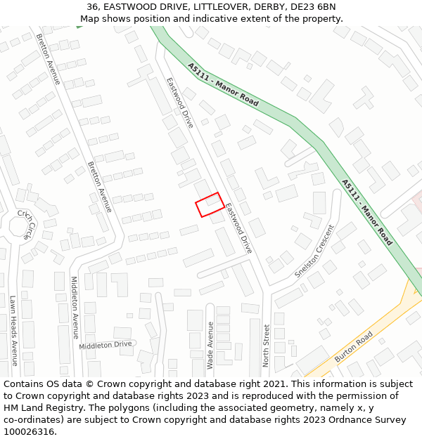 36, EASTWOOD DRIVE, LITTLEOVER, DERBY, DE23 6BN: Location map and indicative extent of plot