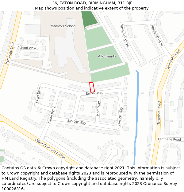36, EATON ROAD, BIRMINGHAM, B11 3JF: Location map and indicative extent of plot