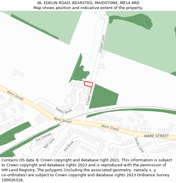 36, EDELIN ROAD, BEARSTED, MAIDSTONE, ME14 4RD: Location map and indicative extent of plot