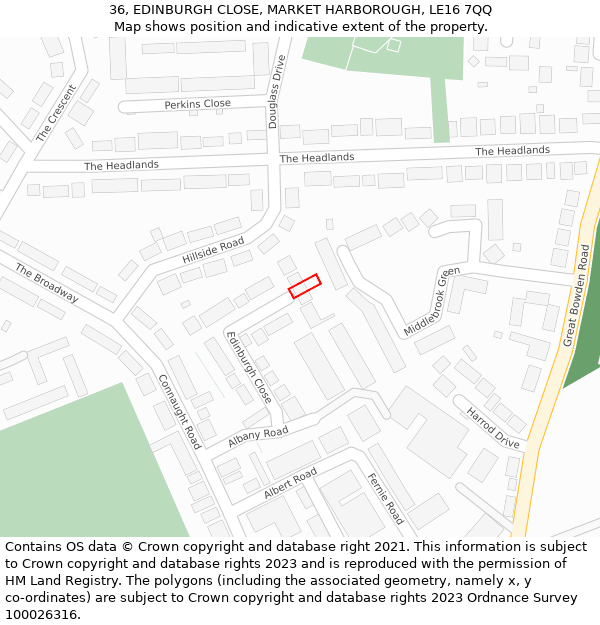 36, EDINBURGH CLOSE, MARKET HARBOROUGH, LE16 7QQ: Location map and indicative extent of plot