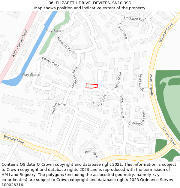 36, ELIZABETH DRIVE, DEVIZES, SN10 3SD: Location map and indicative extent of plot