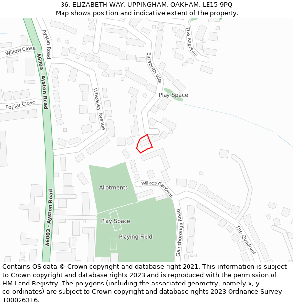 36, ELIZABETH WAY, UPPINGHAM, OAKHAM, LE15 9PQ: Location map and indicative extent of plot