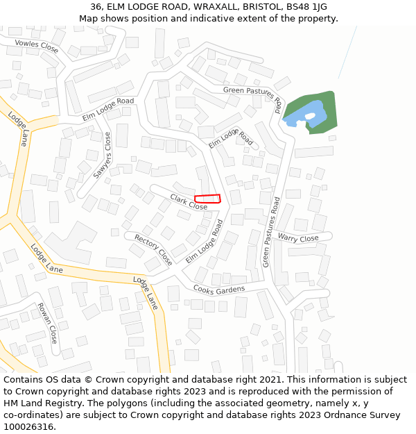 36, ELM LODGE ROAD, WRAXALL, BRISTOL, BS48 1JG: Location map and indicative extent of plot