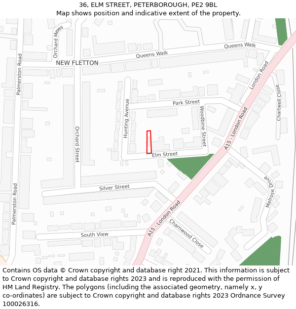 36, ELM STREET, PETERBOROUGH, PE2 9BL: Location map and indicative extent of plot