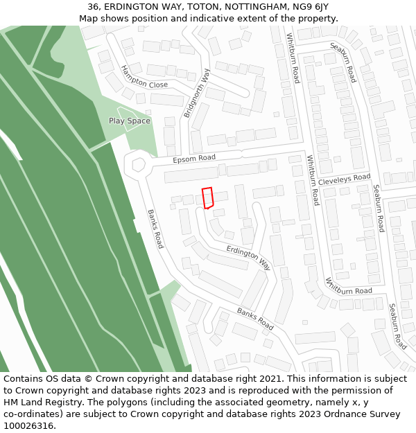 36, ERDINGTON WAY, TOTON, NOTTINGHAM, NG9 6JY: Location map and indicative extent of plot