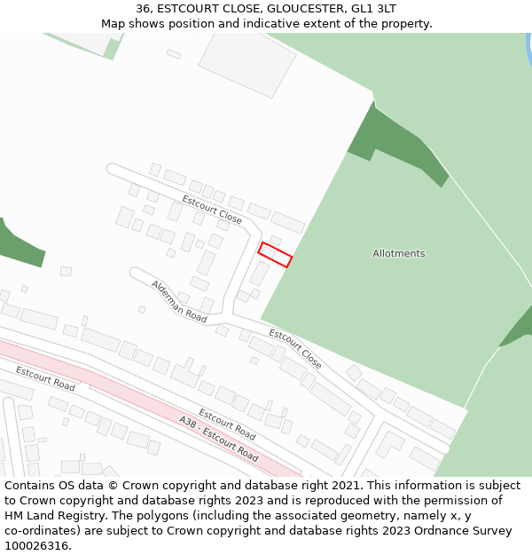 36, ESTCOURT CLOSE, GLOUCESTER, GL1 3LT: Location map and indicative extent of plot