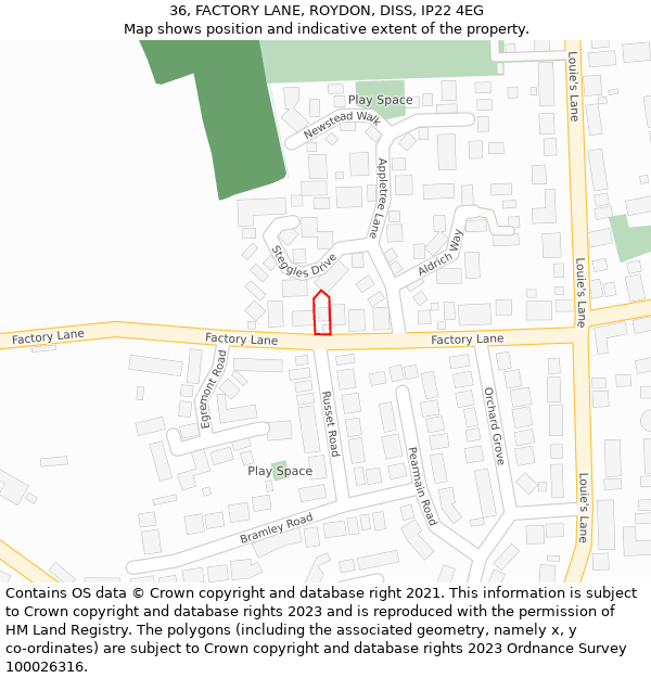 36, FACTORY LANE, ROYDON, DISS, IP22 4EG: Location map and indicative extent of plot