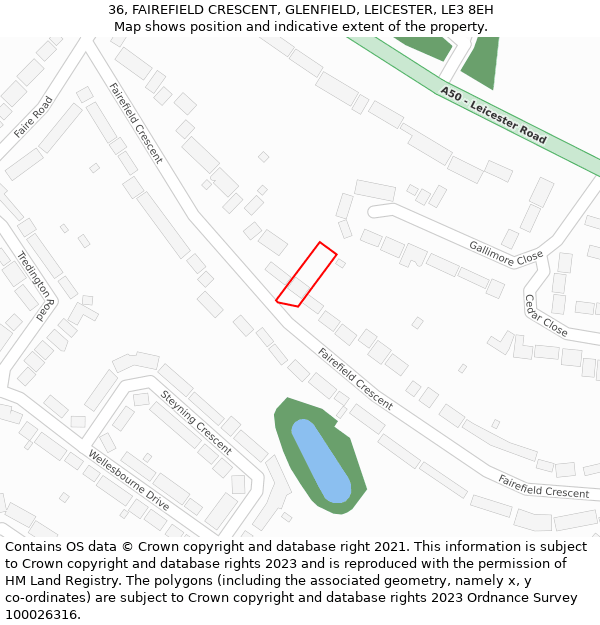 36, FAIREFIELD CRESCENT, GLENFIELD, LEICESTER, LE3 8EH: Location map and indicative extent of plot