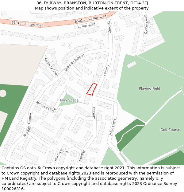 36, FAIRWAY, BRANSTON, BURTON-ON-TRENT, DE14 3EJ: Location map and indicative extent of plot