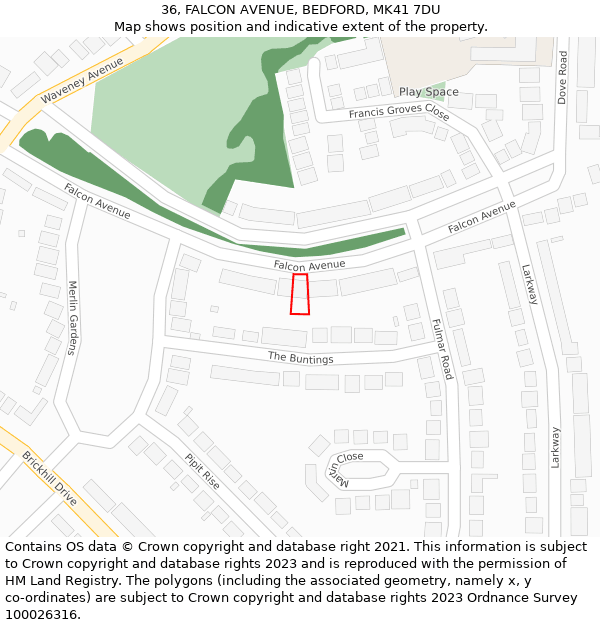 36, FALCON AVENUE, BEDFORD, MK41 7DU: Location map and indicative extent of plot