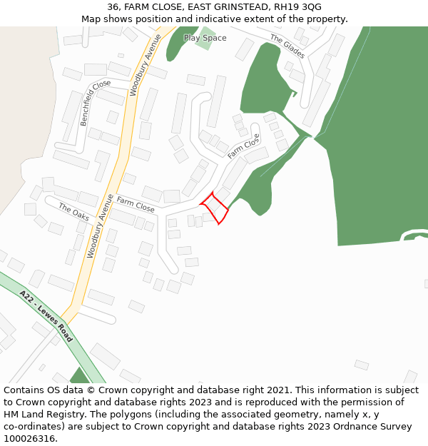 36, FARM CLOSE, EAST GRINSTEAD, RH19 3QG: Location map and indicative extent of plot