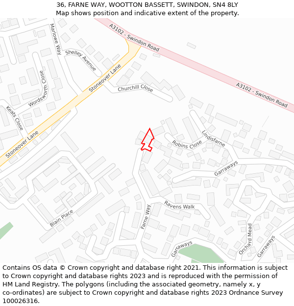 36, FARNE WAY, WOOTTON BASSETT, SWINDON, SN4 8LY: Location map and indicative extent of plot