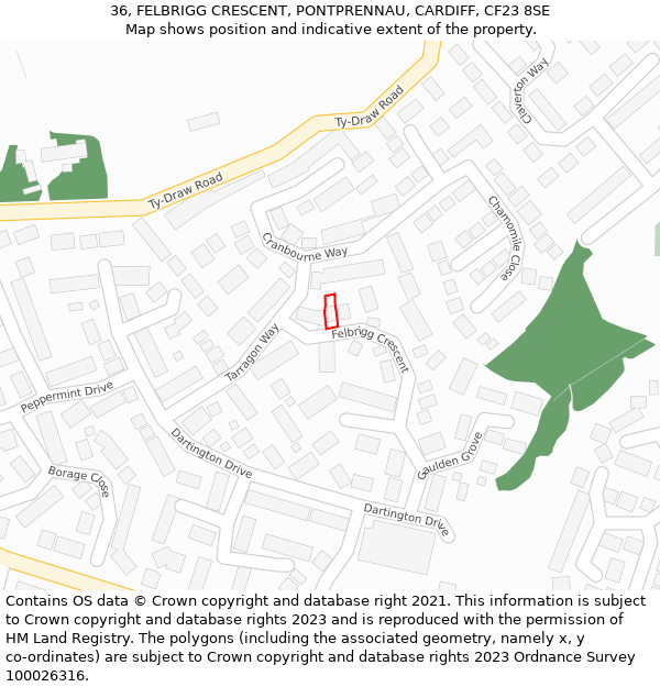 36, FELBRIGG CRESCENT, PONTPRENNAU, CARDIFF, CF23 8SE: Location map and indicative extent of plot
