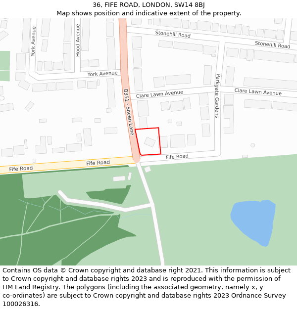 36, FIFE ROAD, LONDON, SW14 8BJ: Location map and indicative extent of plot