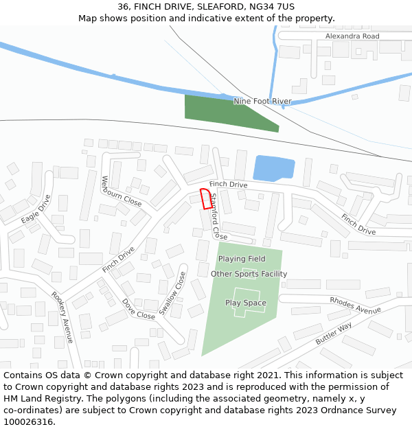 36, FINCH DRIVE, SLEAFORD, NG34 7US: Location map and indicative extent of plot