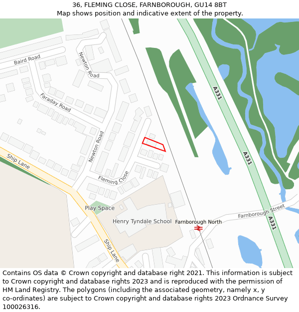 36, FLEMING CLOSE, FARNBOROUGH, GU14 8BT: Location map and indicative extent of plot