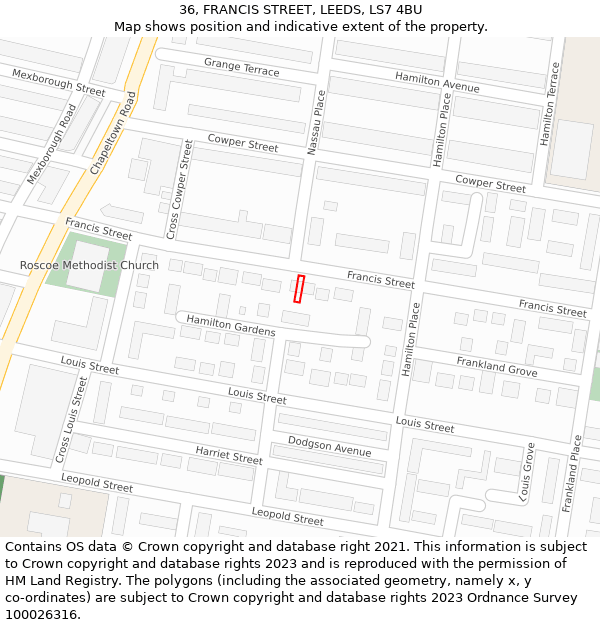 36, FRANCIS STREET, LEEDS, LS7 4BU: Location map and indicative extent of plot