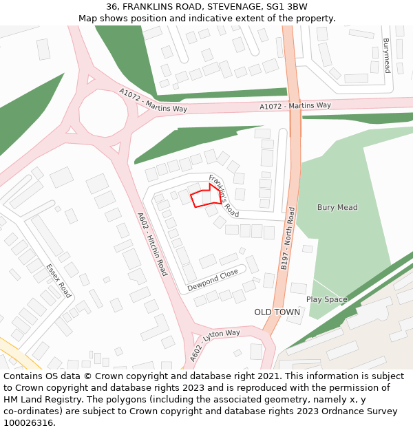 36, FRANKLINS ROAD, STEVENAGE, SG1 3BW: Location map and indicative extent of plot