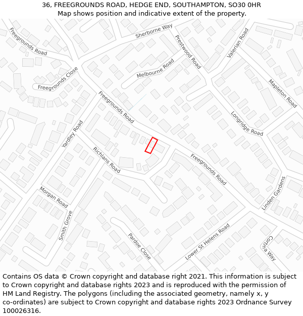 36, FREEGROUNDS ROAD, HEDGE END, SOUTHAMPTON, SO30 0HR: Location map and indicative extent of plot