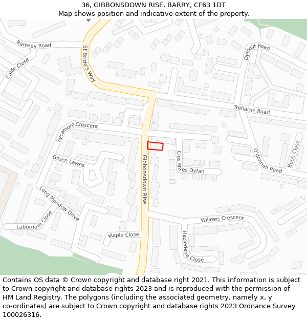 36, GIBBONSDOWN RISE, BARRY, CF63 1DT: Location map and indicative extent of plot