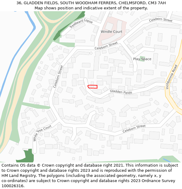 36, GLADDEN FIELDS, SOUTH WOODHAM FERRERS, CHELMSFORD, CM3 7AH: Location map and indicative extent of plot