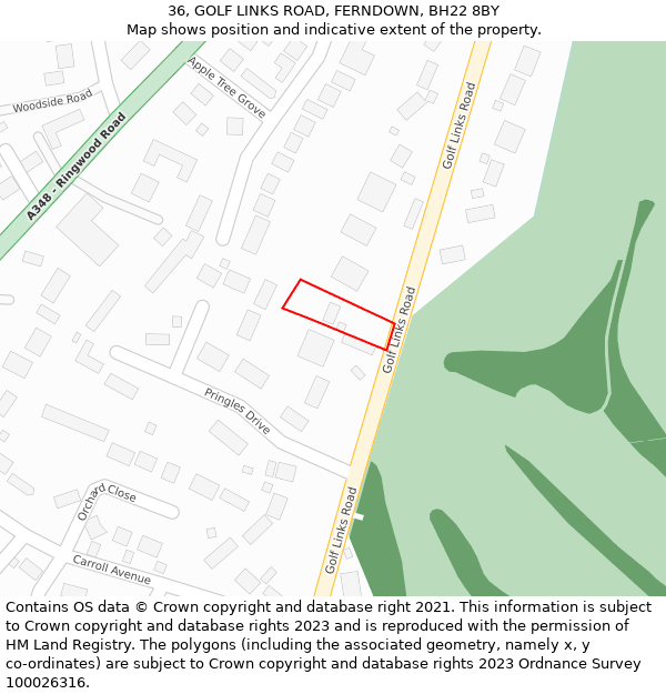 36, GOLF LINKS ROAD, FERNDOWN, BH22 8BY: Location map and indicative extent of plot