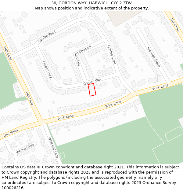 36, GORDON WAY, HARWICH, CO12 3TW: Location map and indicative extent of plot