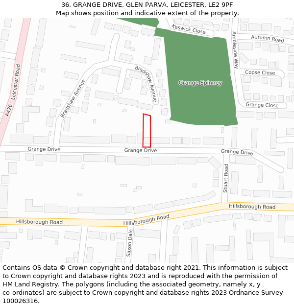 36, GRANGE DRIVE, GLEN PARVA, LEICESTER, LE2 9PF: Location map and indicative extent of plot