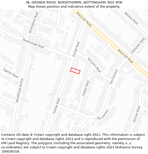 36, GRANGE ROAD, WOODTHORPE, NOTTINGHAM, NG5 4FW: Location map and indicative extent of plot