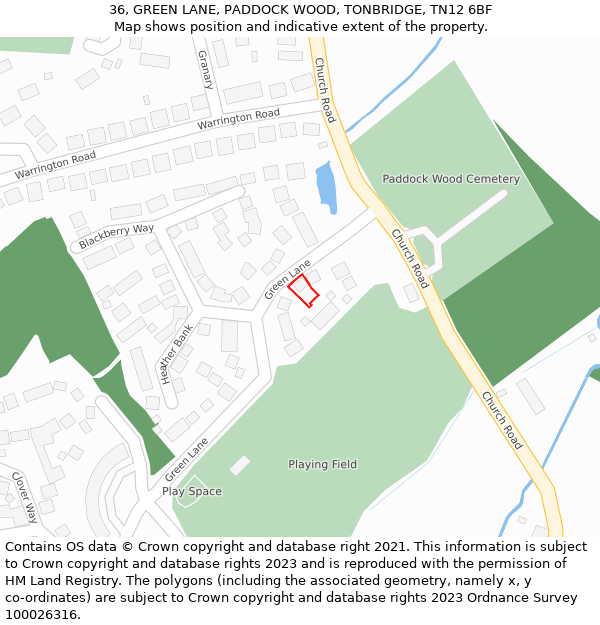 36, GREEN LANE, PADDOCK WOOD, TONBRIDGE, TN12 6BF: Location map and indicative extent of plot