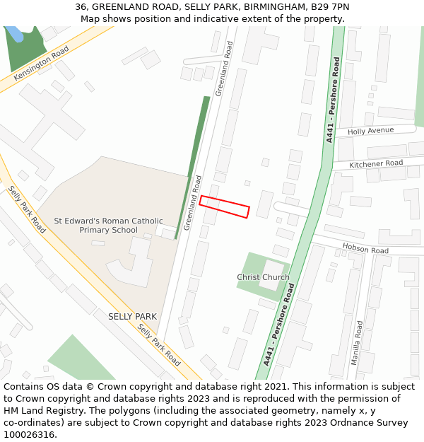 36, GREENLAND ROAD, SELLY PARK, BIRMINGHAM, B29 7PN: Location map and indicative extent of plot