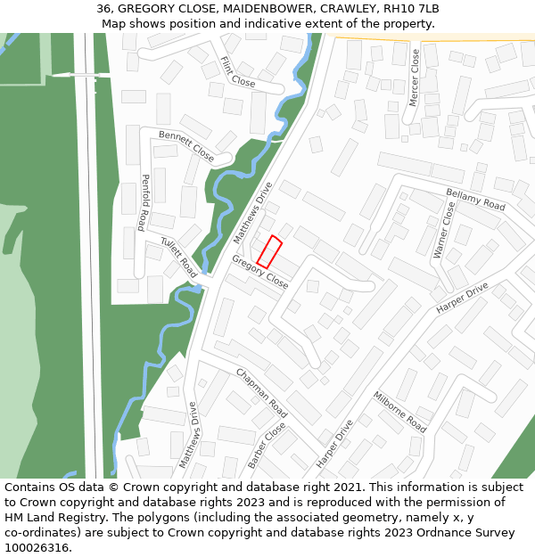 36, GREGORY CLOSE, MAIDENBOWER, CRAWLEY, RH10 7LB: Location map and indicative extent of plot