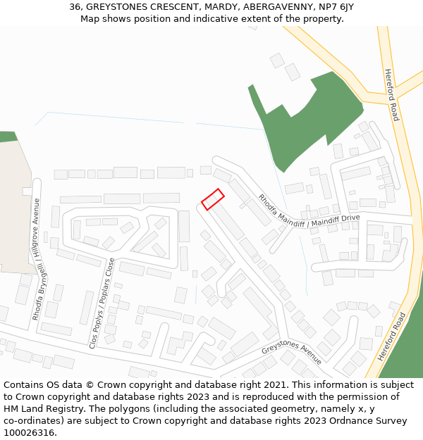 36, GREYSTONES CRESCENT, MARDY, ABERGAVENNY, NP7 6JY: Location map and indicative extent of plot