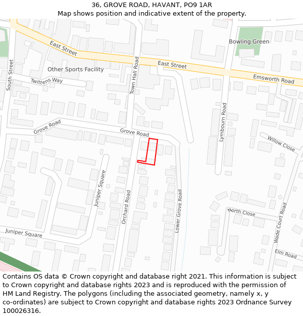 36, GROVE ROAD, HAVANT, PO9 1AR: Location map and indicative extent of plot