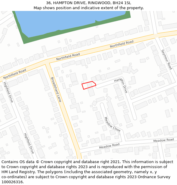 36, HAMPTON DRIVE, RINGWOOD, BH24 1SL: Location map and indicative extent of plot