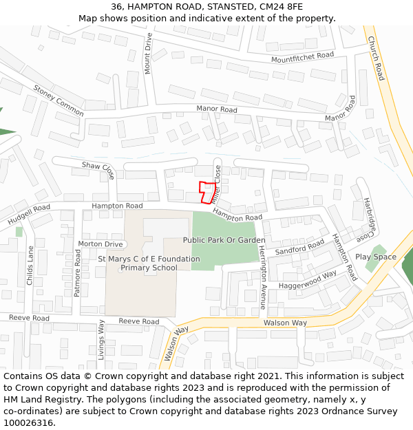 36, HAMPTON ROAD, STANSTED, CM24 8FE: Location map and indicative extent of plot