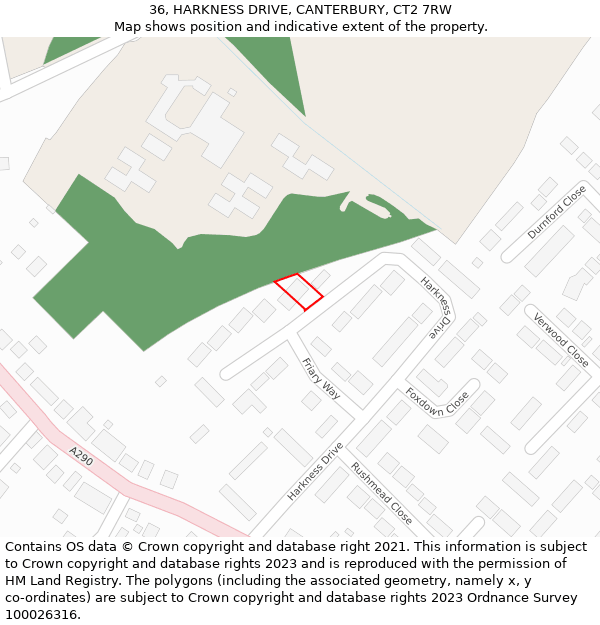 36, HARKNESS DRIVE, CANTERBURY, CT2 7RW: Location map and indicative extent of plot