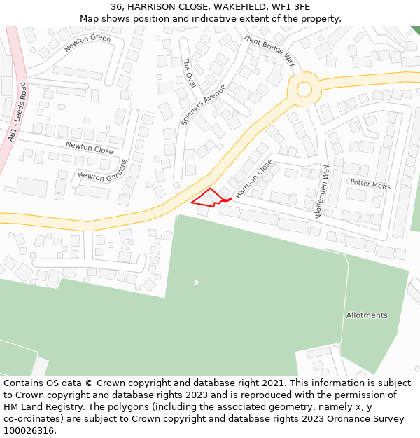 36, HARRISON CLOSE, WAKEFIELD, WF1 3FE: Location map and indicative extent of plot