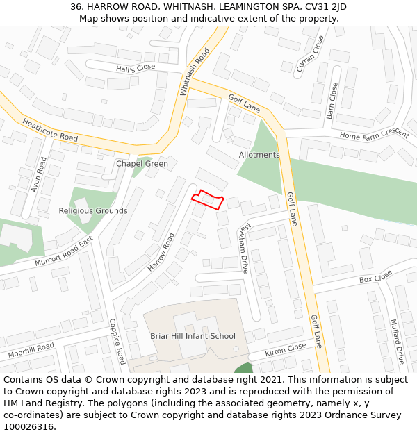 36, HARROW ROAD, WHITNASH, LEAMINGTON SPA, CV31 2JD: Location map and indicative extent of plot