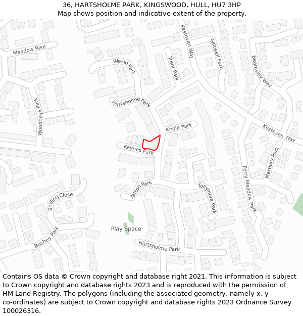 36, HARTSHOLME PARK, KINGSWOOD, HULL, HU7 3HP: Location map and indicative extent of plot
