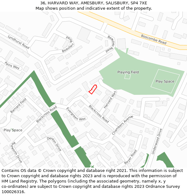 36, HARVARD WAY, AMESBURY, SALISBURY, SP4 7XE: Location map and indicative extent of plot