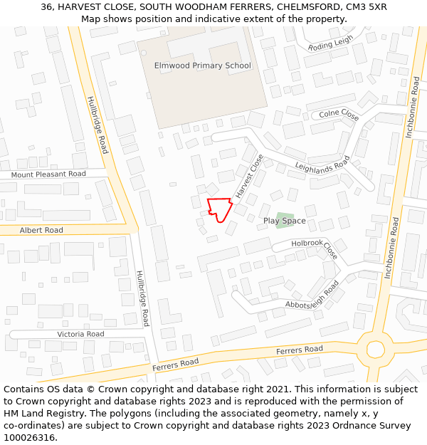 36, HARVEST CLOSE, SOUTH WOODHAM FERRERS, CHELMSFORD, CM3 5XR: Location map and indicative extent of plot