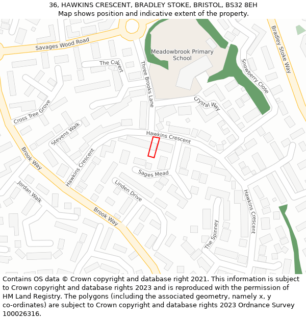 36, HAWKINS CRESCENT, BRADLEY STOKE, BRISTOL, BS32 8EH: Location map and indicative extent of plot