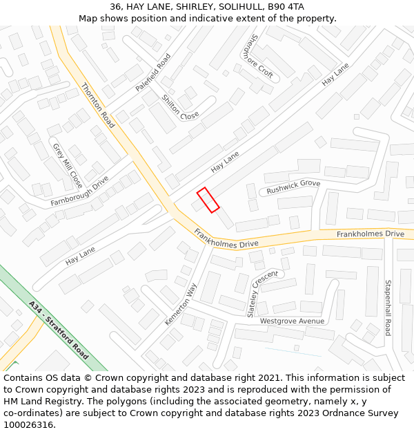 36, HAY LANE, SHIRLEY, SOLIHULL, B90 4TA: Location map and indicative extent of plot