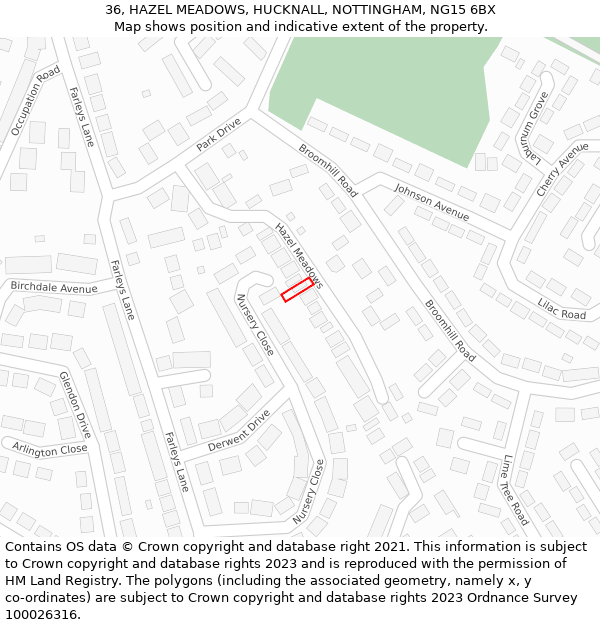 36, HAZEL MEADOWS, HUCKNALL, NOTTINGHAM, NG15 6BX: Location map and indicative extent of plot