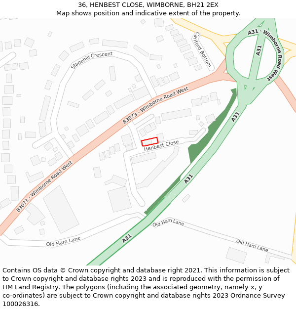 36, HENBEST CLOSE, WIMBORNE, BH21 2EX: Location map and indicative extent of plot