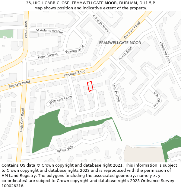 36, HIGH CARR CLOSE, FRAMWELLGATE MOOR, DURHAM, DH1 5JP: Location map and indicative extent of plot