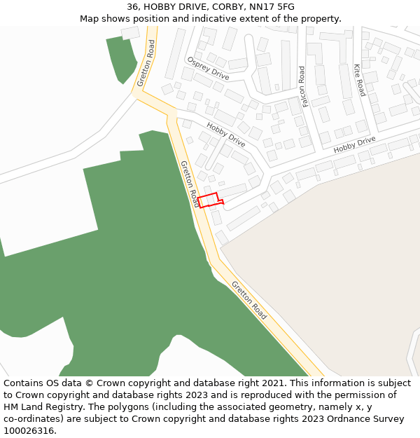 36, HOBBY DRIVE, CORBY, NN17 5FG: Location map and indicative extent of plot